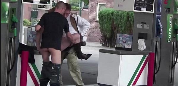  Very pregnant woman is fucked in public sex threesome orgy at a gas station